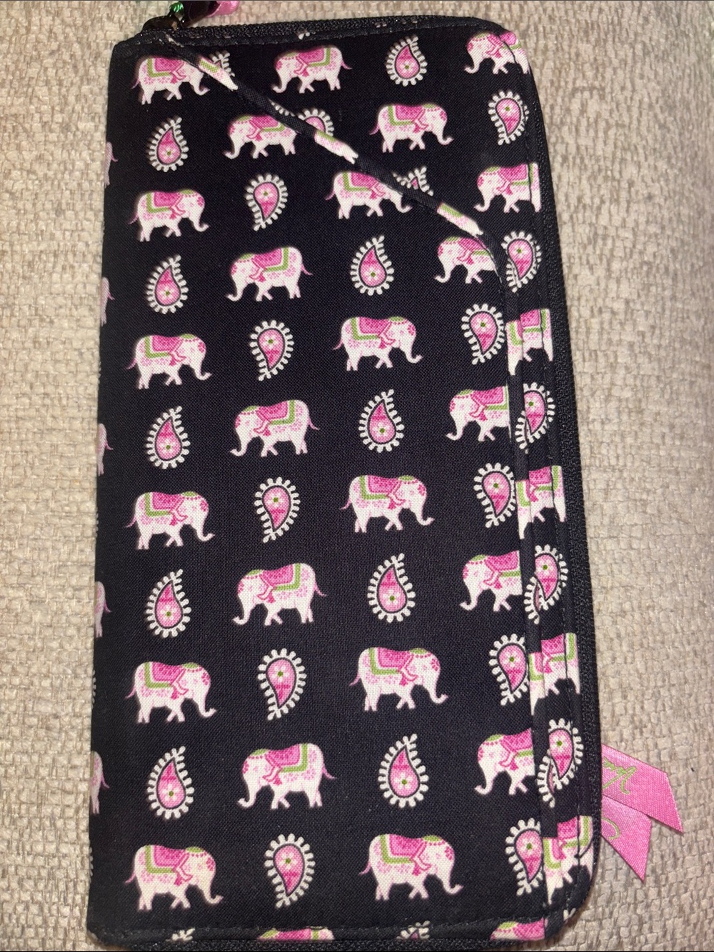 Vera Bradley Black Wallet/Travel Organizer Pink & Green Elephant Paisley Print